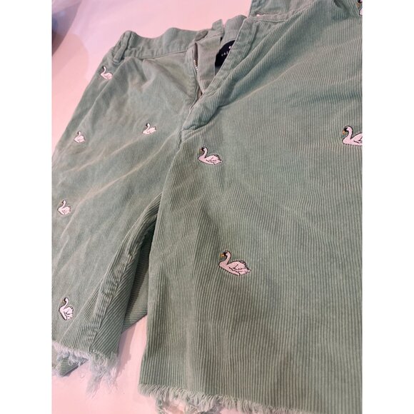 Lazy Oaf Swamy Song Green Corduroy Swan Embroidered Frayed Hem Shorts 34 - Picture 2 of 9